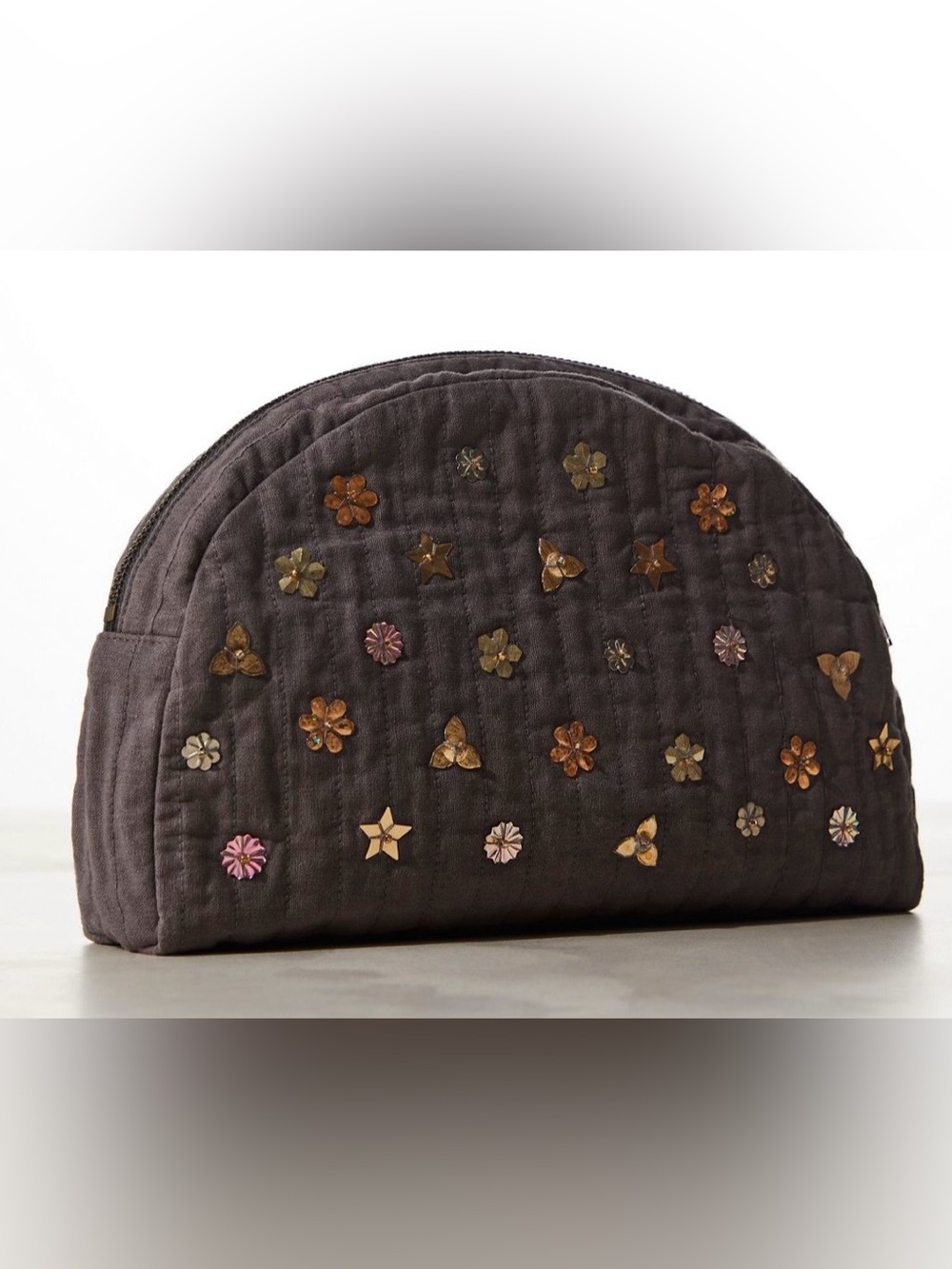 FREE PEOPLE Quilted Dark Gray Floral Embellished Cosmetic Bag